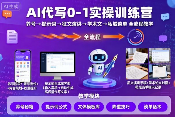 AI代写0-1实操训练营，从养号、提示词、征文演讲、学术文，到私域谈单的全流程教学客创社区-专注互联网轻资产资源整合与分享客创社区-专注互联网轻资产资源整合与分享