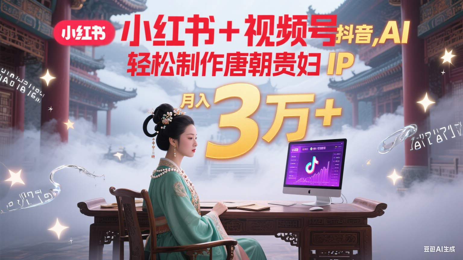 小红书+视频号+抖音,AI轻松制作唐朝贵妇IP,毒鸡汤、励志、减肥瘦身、养生赛道轻松切入,每天30分钟,轻松产出N条,月入3万+