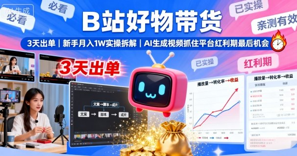 B站好物带货，3天出单，新手月入1W实操拆解，AI生成视频，抓住平台红利期最后机会客创社区-专注互联网轻资产资源整合与分享客创社区-专注互联网轻资产资源整合与分享