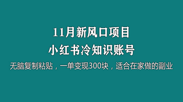 11 月新风口项目，小红书冷知识账号，无脑复制粘贴，一单变现 300 块，适合在家做的副业客创社区-专注互联网轻资产资源整合与分享客创社区-专注互联网轻资产资源整合与分享