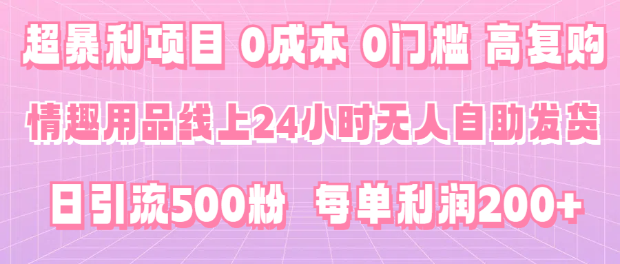 超暴利项目,情趣用品线上24小时-无人自助发货,0成本,0门槛,高复购,有手就能做,日引500粉,每单利润200+
