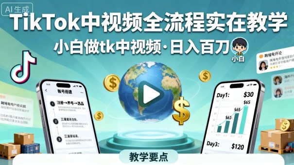 TikTok中视频全流程实操教学，小白做tk中视频，日入百刀客创社区-专注互联网轻资产资源整合与分享客创社区-专注互联网轻资产资源整合与分享