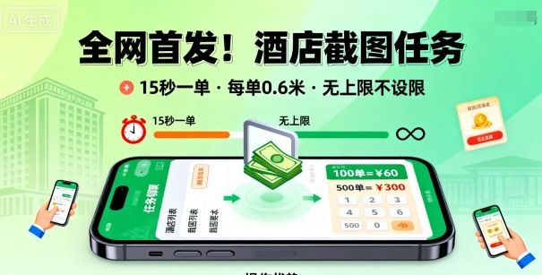 全网首发！酒店截图任务，15秒一单，每单0.6米，任务无上限不设限，矩阵操作单日3张到手【揭秘】客创社区-专注互联网轻资产资源整合与分享客创社区-专注互联网轻资产资源整合与分享