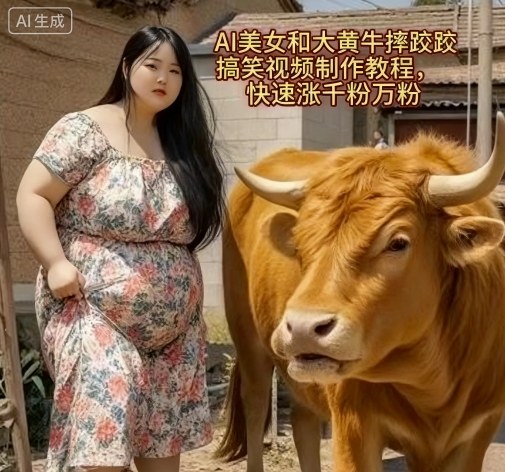 AI美女和大黄牛摔跤搞笑荒诞视频制作教程，快速涨千粉万粉客创社区-专注互联网轻资产资源整合与分享客创社区-专注互联网轻资产资源整合与分享