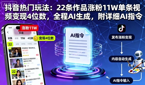抖音热门玩法：22条作品涨粉11W单条视频变现4位数，全程AI生成，附详细AI指令客创社区-专注互联网轻资产资源整合与分享客创社区-专注互联网轻资产资源整合与分享