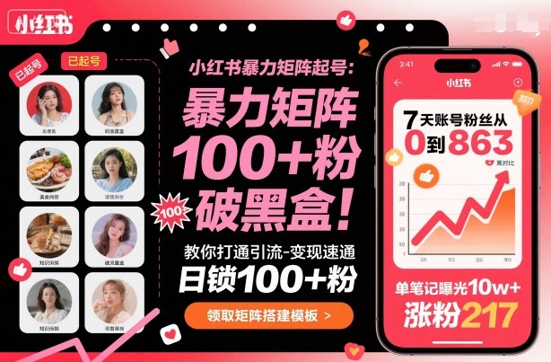 小红书暴力矩阵起号，教你打通引流-变现速通，日锁100+粉，破流量黑盒客创社区-专注互联网轻资产资源整合与分享客创社区-专注互联网轻资产资源整合与分享