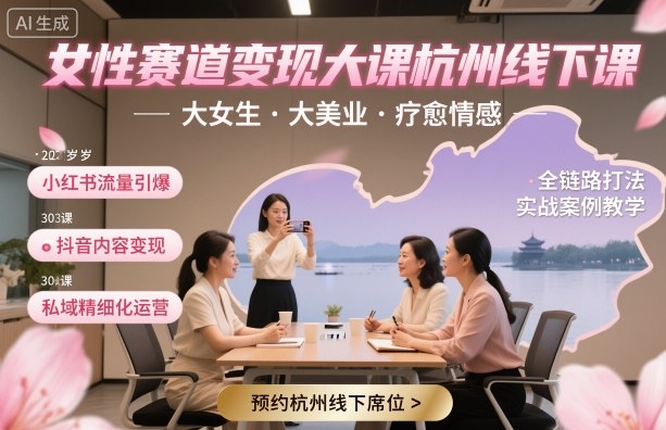 女性赛道变现大课杭州线下，大女生，大美业，疗愈情感，一套小红书、抖音、私域全链路打法客创社区-专注互联网轻资产资源整合与分享客创社区-专注互联网轻资产资源整合与分享