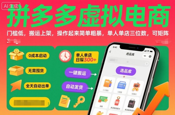 拼多多虚拟电商，门槛低，搬运上架，操作起来简单粗暴，单人单店三位数，可矩阵客创社区-专注互联网轻资产资源整合与分享客创社区-专注互联网轻资产资源整合与分享