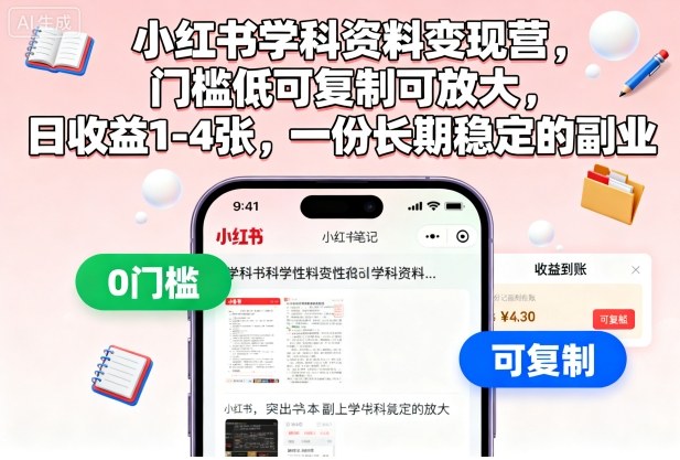 小红书学科资料变现营，门槛低可复制可放大，日收益1-4张，一份长期稳定的副业客创社区-专注互联网轻资产资源整合与分享客创社区-专注互联网轻资产资源整合与分享