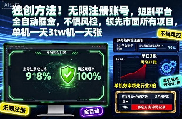 独创方法！无限注册账号，短剧平台全自动掘金，不惧风控，领先市面所有项目，单机一天3张【揭秘】客创社区-专注互联网轻资产资源整合与分享客创社区-专注互联网轻资产资源整合与分享
