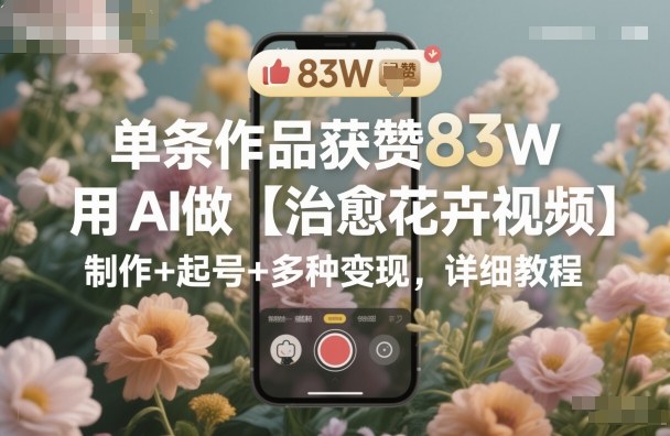 单条作品获赞83W，用AI做【治愈花卉视频】，制作+起号+多种变现，详细教程客创社区-专注互联网轻资产资源整合与分享客创社区-专注互联网轻资产资源整合与分享