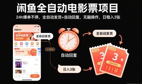 闲鱼全自动电影票项目，24h爆单不停，全自动发货+自动回复，无脑操作，日稳入3张【揭秘】客创社区-专注互联网轻资产资源整合与分享客创社区-专注互联网轻资产资源整合与分享