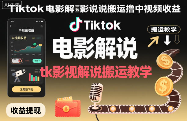 Tiktok电影解说搬运撸中视频收益，tk影视解说搬运教学-鱼见海资源网-免费PHP网站源码模板,插件软件网创AI智能体资源分享平台！