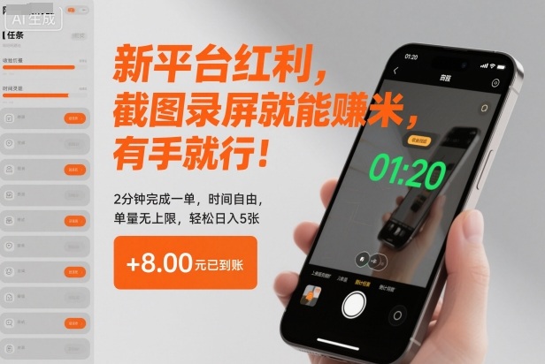 新平台红利，截图录屏就能賺米，有手就行！2分钟完成一单，时间自由，单量无上限，轻松日入5张【揭秘】客创社区-专注互联网轻资产资源整合与分享客创社区-专注互联网轻资产资源整合与分享