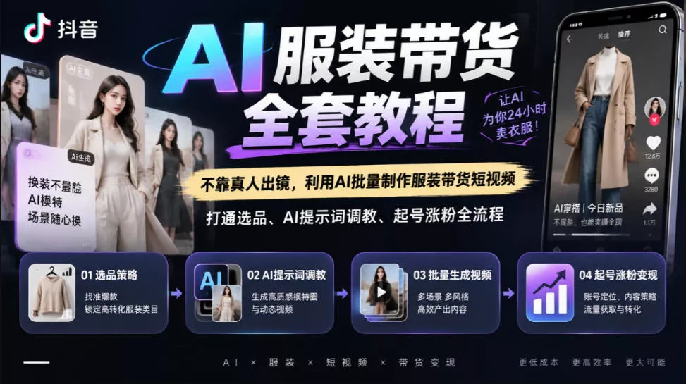抖音AI服装带货全套教程,不靠真人出镜,利用AI批量制作服装带货短视频,打通选品、AI提示词调教、起号涨粉全流程 抖音AI服装带货全套教程,不靠真人出镜,利用AI批量制作服装带货短视频,打通选品、AI提示词调教、起号涨粉全流程