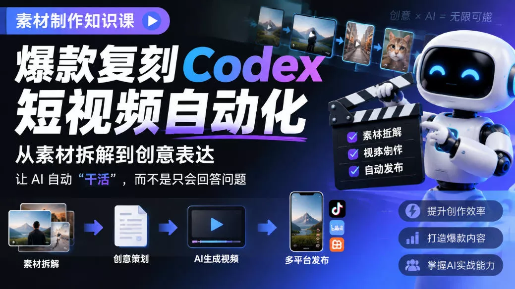 素材制作知识课,爆款复刻Codex短视频自动化,从素材拆解到创意表达,让AI自动“干活”,而不是只会回答问题-第一人副业终点站