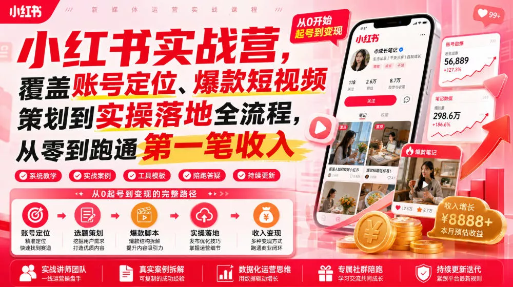 小红书实战营，覆盖账号定位、爆款短视频策划到实操落地全流程，从零到跑通靠前笔收入 《鱼见海科技》-鱼见海资源网-免费PHP网站源码模板,插件软件网创AI智能体资源分享平台！