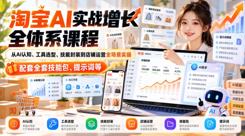 淘宝AI实战增长全体系课程，从AI认知、工具选型、技能封装到店铺运营全场景实操，配套全套技能包、提示词等主用 -、辅助 +中赚AI网