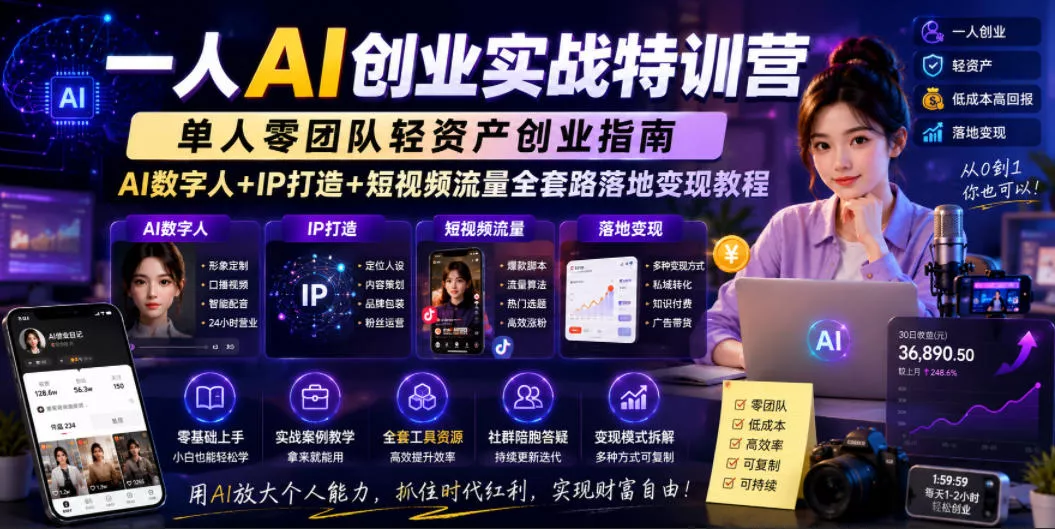 一人AI创业实战特训营，单人零团队轻资产创业指南，AI数字人+IP打造+短视频流量全套路落地变现教程客创社区-专注互联网轻资产资源整合与分享客创社区-专注互联网轻资产资源整合与分享