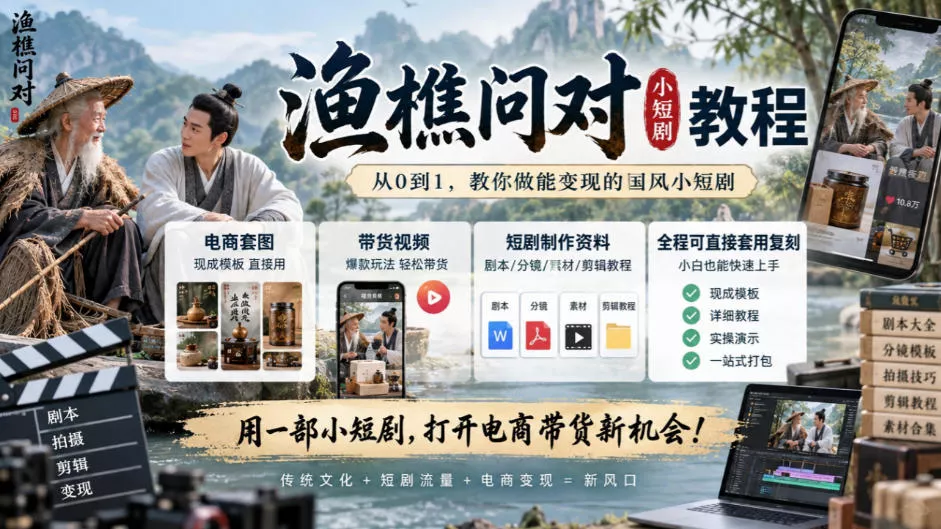 渔樵问对小短剧教程，包含电商套图、带货视频，短剧制作资料，全程可直接套用复刻星享资源网HS游戏库
