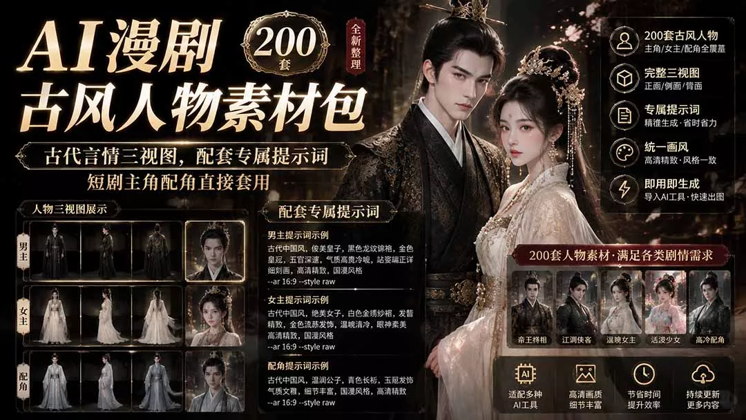 AI漫剧古风人物素材包+提示词｜200 套古代言情三视图，配套专属提示词短剧主角配角直接套用-软件百科
