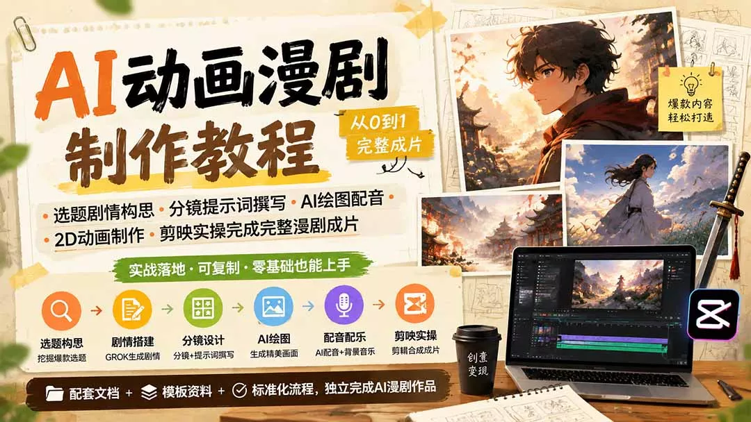 AI动画漫剧制作教程|选题剧情构思·分镜提示词撰写·AI绘图配音·2D动画制作·剪映实操完成完整漫剧成片 AI动画漫剧制作教程|选题剧情构思·分镜提示词撰写·AI绘图配音·2D动画制作·剪映实操完成完整漫剧成片