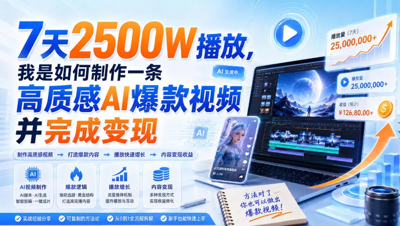 7天2500W播放，我是如何制作一条高质感AI爆款视频并完成变现 《鱼见海科技》-鱼见海资源网-免费PHP网站源码模板,插件软件网创AI智能体资源分享平台！