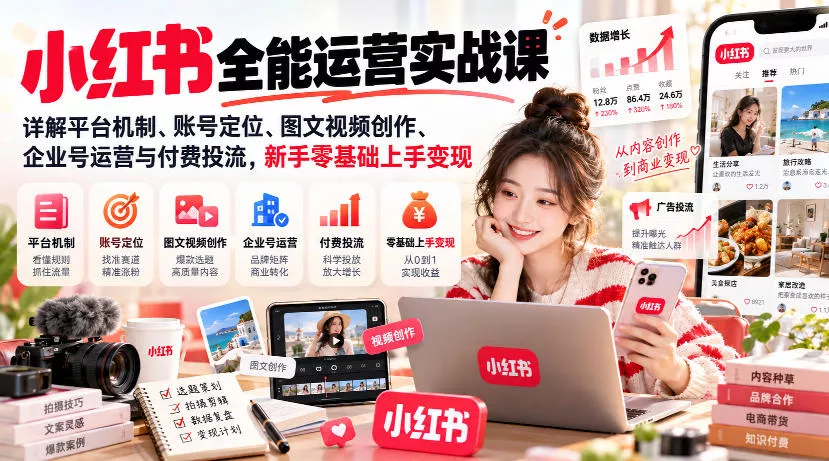 小红书全能运营实战课，详解平台机制、账号定位、图文视频创作、企业号运营与付费投流，新手零基础上手变现星享资源网星享资源网