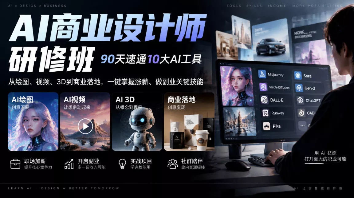AI商业设计师研修班，90天速通10大AI工具，从绘图、视频、3D到商业落地，一键掌握涨薪、做副业关键技能客创社区-专注互联网轻资产资源整合与分享客创社区-专注互联网轻资产资源整合与分享
