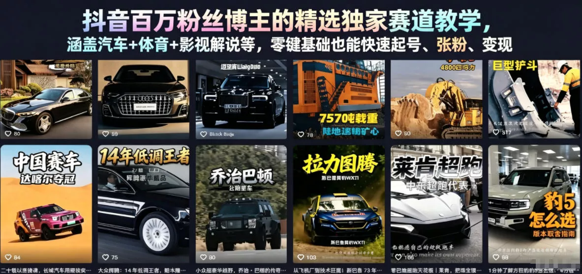 抖音百万粉丝博主的精选独家赛道教学，涵盖汽车+体育+影视解说等，零基础也能快速起号、涨粉、变现(更新0701)客创社区-专注互联网轻资产资源整合与分享客创社区-专注互联网轻资产资源整合与分享