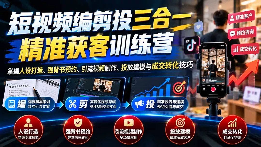 短视频编剪投三合一精准获客训练营：掌握人设打造、强背书预约、引流视频制作、投放建模与成交转化技巧客创社区-专注互联网轻资产资源整合与分享客创社区-专注互联网轻资产资源整合与分享