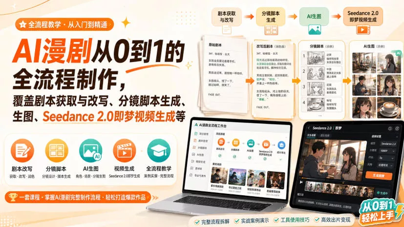 AI漫剧从0到1的全流程制作，覆盖剧本获取与改写、分镜脚本生成、角色场景生图与三视图、Seedance 2.0即梦视频生成(PDF版) 《鱼见海科技》-鱼见海资源网-免费PHP网站源码模板,插件软件网创AI智能体资源分享平台！