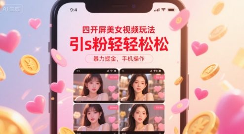 四开屏美女视频玩法，引s粉轻轻松松，暴力掘金，手机操作【揭秘】-客创社 - 专注互联网轻资产创业及网络项目资源整合与分享客创社-免费且强大的项目分享网站！