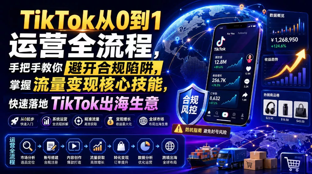 TikTok从0到1运营全流程，手把手教你避开合规陷阱，掌握流量变现核心技能，快速落地TikTok出海生意(更新7月)主用 -、辅助 +中赚AI网