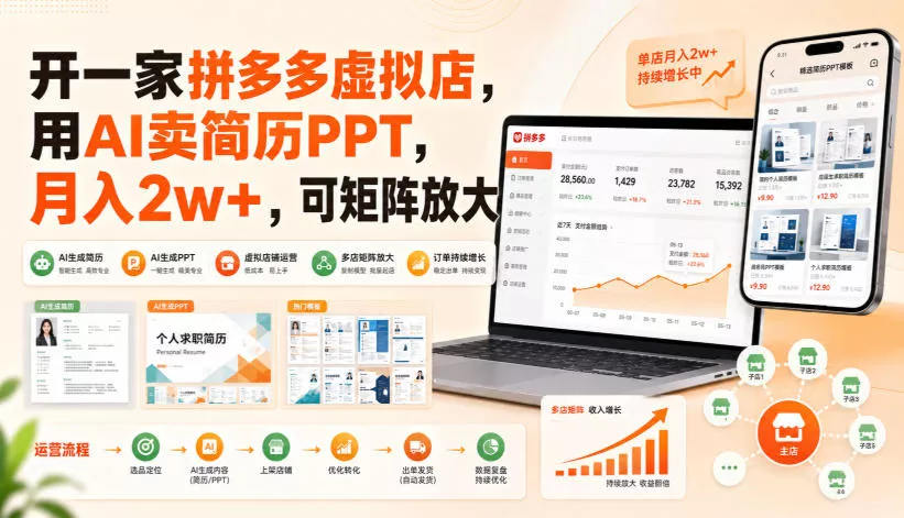 开一家拼多多虚拟店，用AI卖简历PPT，月入2w+，可矩阵放大【揭秘】星享资源网星享资源网