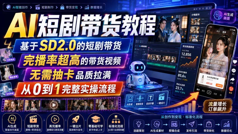AI短剧带货教程，基于SD2.0的短剧带货，完播率超高的带货视频，无需抽卡品质拉满，从0到1完整实操流程客创社区-专注互联网轻资产资源整合与分享客创社区-专注互联网轻资产资源整合与分享