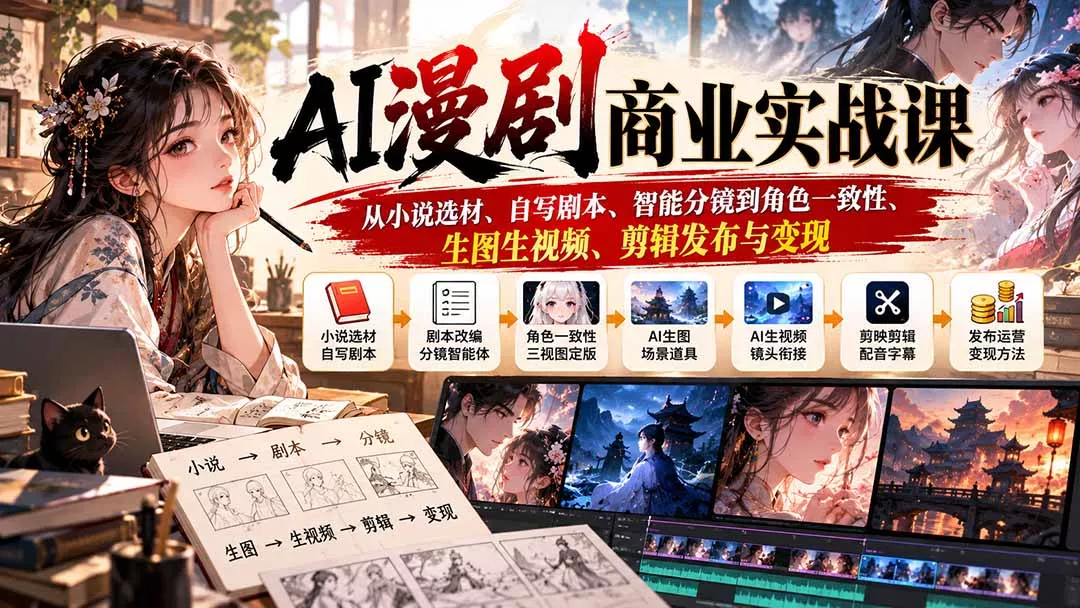 AI漫剧商业实战课：从小说选材、自写剧本、智能分镜到角色一致性、生图生视频、剪辑发布与变现星享资源网HS游戏库