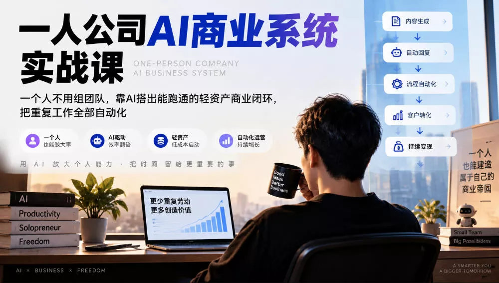 一人公司AI商业系统实战课，一个人不用组团队，靠AI搭出能跑通的轻资产商业闭环，把重复工作全部自动化 《鱼见海科技》-鱼见海资源网-免费PHP网站源码模板,插件软件网创AI智能体资源分享平台！