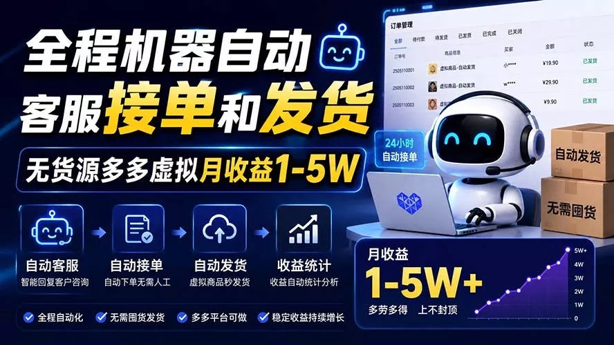 全程机器自动客服接单和发货，无货源多多虚拟月收益1-5W客创社区-专注互联网轻资产资源整合与分享客创社区-专注互联网轻资产资源整合与分享