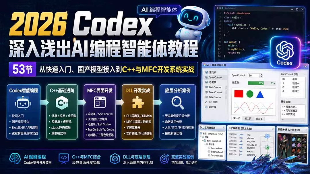 2026 Codex深入浅出AI编程智能体教程：53节从快速入门、国产模型接入到C++与MFC开发系统实战 《鱼见海科技》-鱼见海资源网-免费PHP网站源码模板,插件软件网创AI智能体资源分享平台！