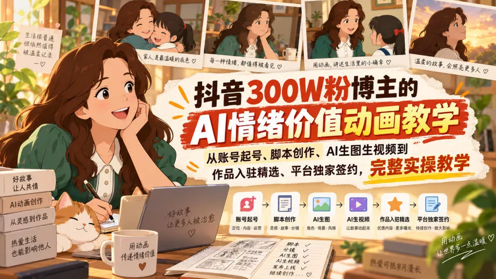 抖音300W粉博主的AI情绪价值动画教学，从账号起号、脚本创作、AI生图生视频到作品入驻精选、平台独家签约，完整实操客创社区-专注互联网轻资产资源整合与分享客创社区-专注互联网轻资产资源整合与分享