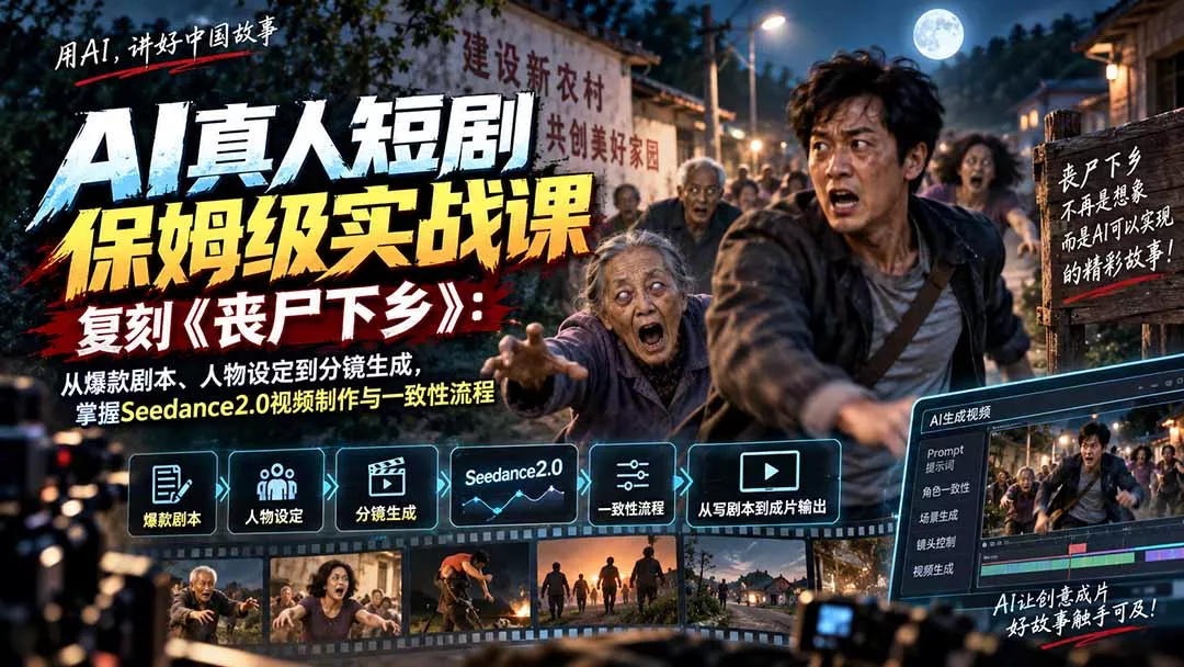 AI真人短剧保姆级实战课，复刻《丧尸下乡》：从爆款剧本、人物设定
