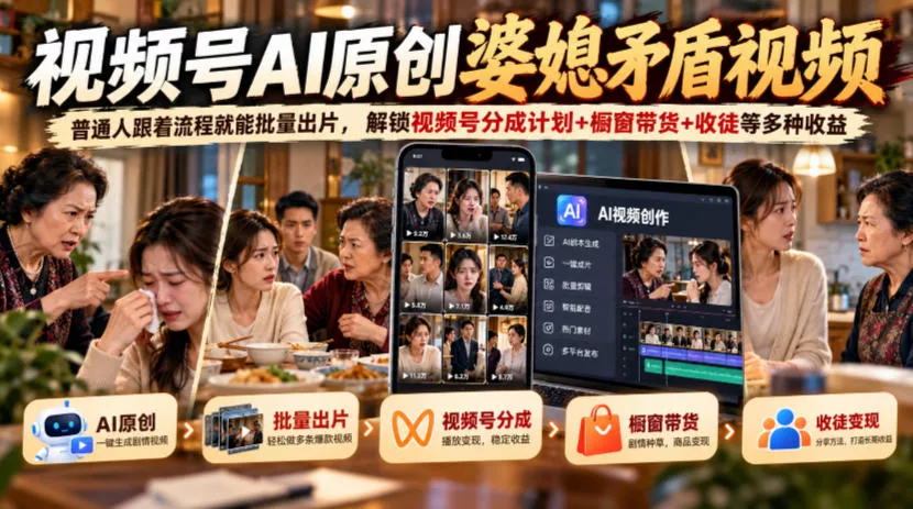 视频号ai原创婆媳矛盾视频，普通人跟着流程就能批量出片，解锁视频号分成计划+橱窗带货+收徒等多种收益星享资源网HS游戏库
