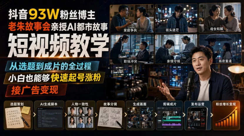 抖音93W粉丝博主老朱故事会亲授AI都市故事短视频教学，从选题到成片的全过程，小白也能够快速起号涨粉接广告变现 《鱼见海科技》-鱼见海资源网-免费PHP网站源码模板,插件软件网创AI智能体资源分享平台！