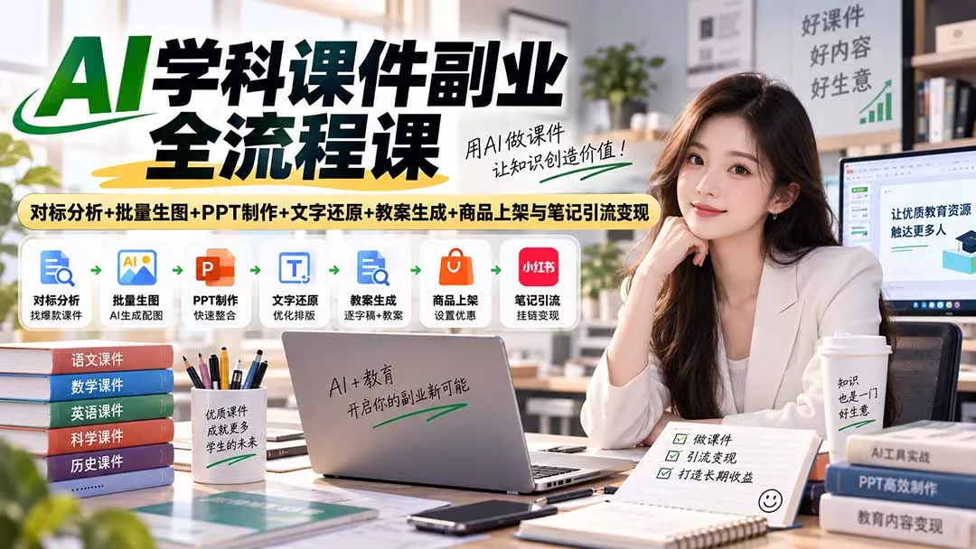AI学科课件副业全流程课｜对标分析+批量生图+PPT制作+文字还