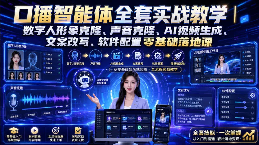 口播智能体全套实战教学｜数字人形象克隆、声音克隆、AI视频生成、文案改写、软件配置零基础落地课 《鱼见海科技》-鱼见海资源网-免费PHP网站源码模板,插件软件网创AI智能体资源分享平台！