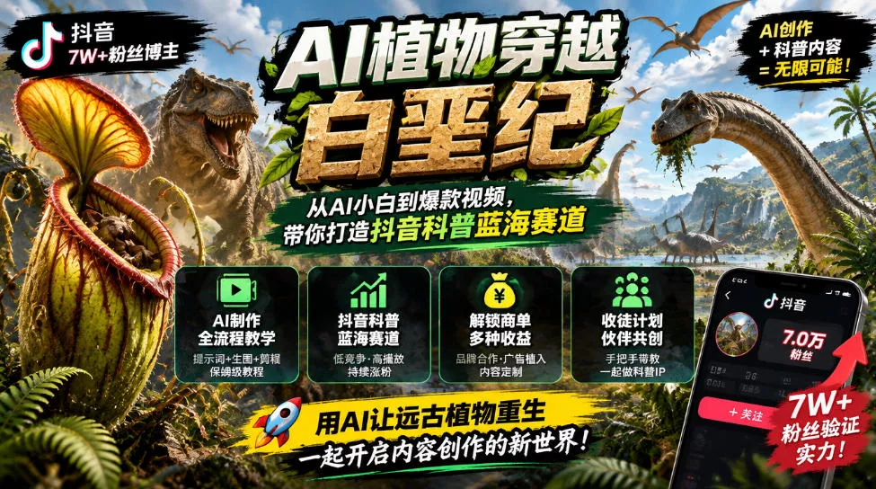 抖音7W粉丝博主的AI植物穿越白垩纪教学，抖音科普蓝海赛道，解锁商单收徒伙伴计划等多种收益 《鱼见海科技》-鱼见海资源网-免费PHP网站源码模板,插件软件网创AI智能体资源分享平台！