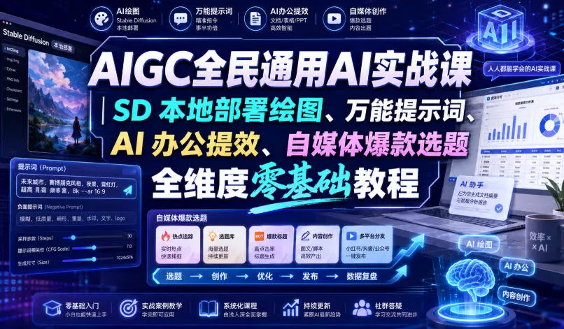 AIGC全民通用AI实战课｜SD本地部署绘图、多场景适用提示词、AI办公提效、自媒体爆款选题全维度零基础教程 《鱼见海科技》-鱼见海资源网-免费PHP网站源码模板,插件软件网创AI智能体资源分享平台！