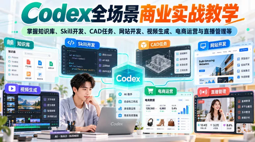 【无水印】Codex全场景商业实战教学，掌握知识库、Skill开发、CAD任务、网站开发、视频生成、电商运营与直播管理等 《鱼见海科技》-鱼见海资源网-免费PHP网站源码模板,插件软件网创AI智能体资源分享平台！