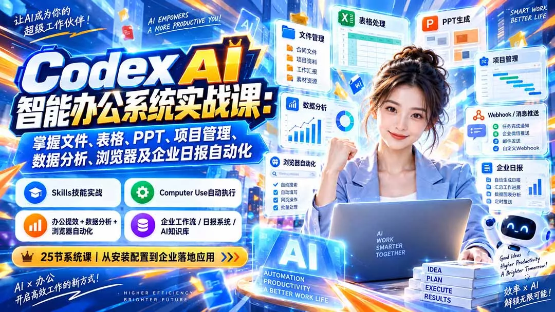 Codex AI智能办公系统实战课：掌握文件、表格、PPT、项目管理、数据分析、浏览器及企业日报自动化-鱼见海资源网-免费PHP网站源码模板,插件软件网创AI智能体资源分享平台！